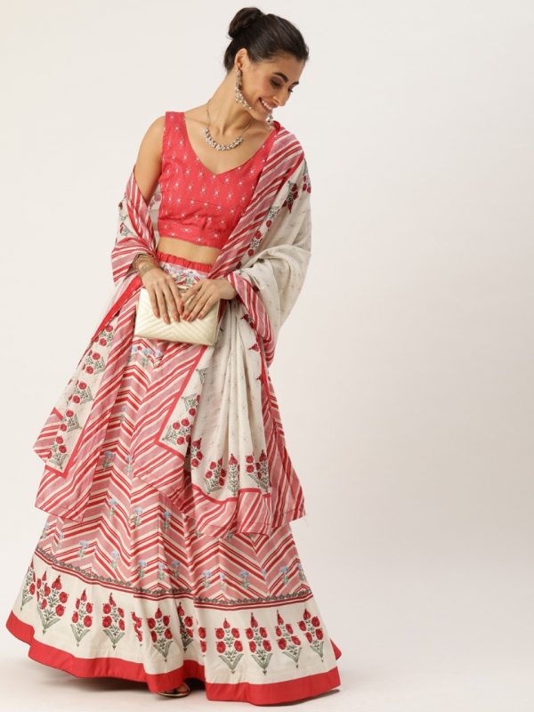 Buy Kaveri Walk Women's Art Silk Semi-stitched Lehenga Choli Set (Red, White,  Free Size) at Amazon.in