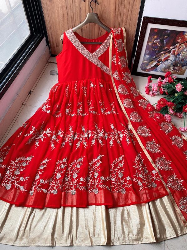 Embroidered Red Designer Gown On Heavy Georgette Fabric with embroidery  work, Party wear at Rs 1299 in Surat