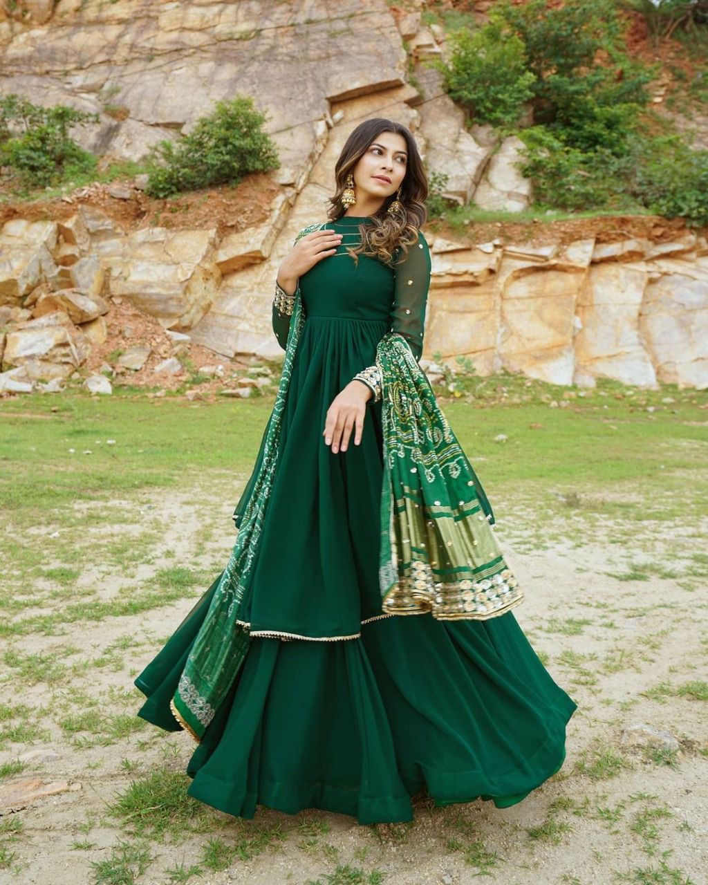 PARTY WEAR GEORGETTE EMBROIDERY SEQUENCE WORK GOWN WITH DUPATTA GREEN –  Ethnicgarment