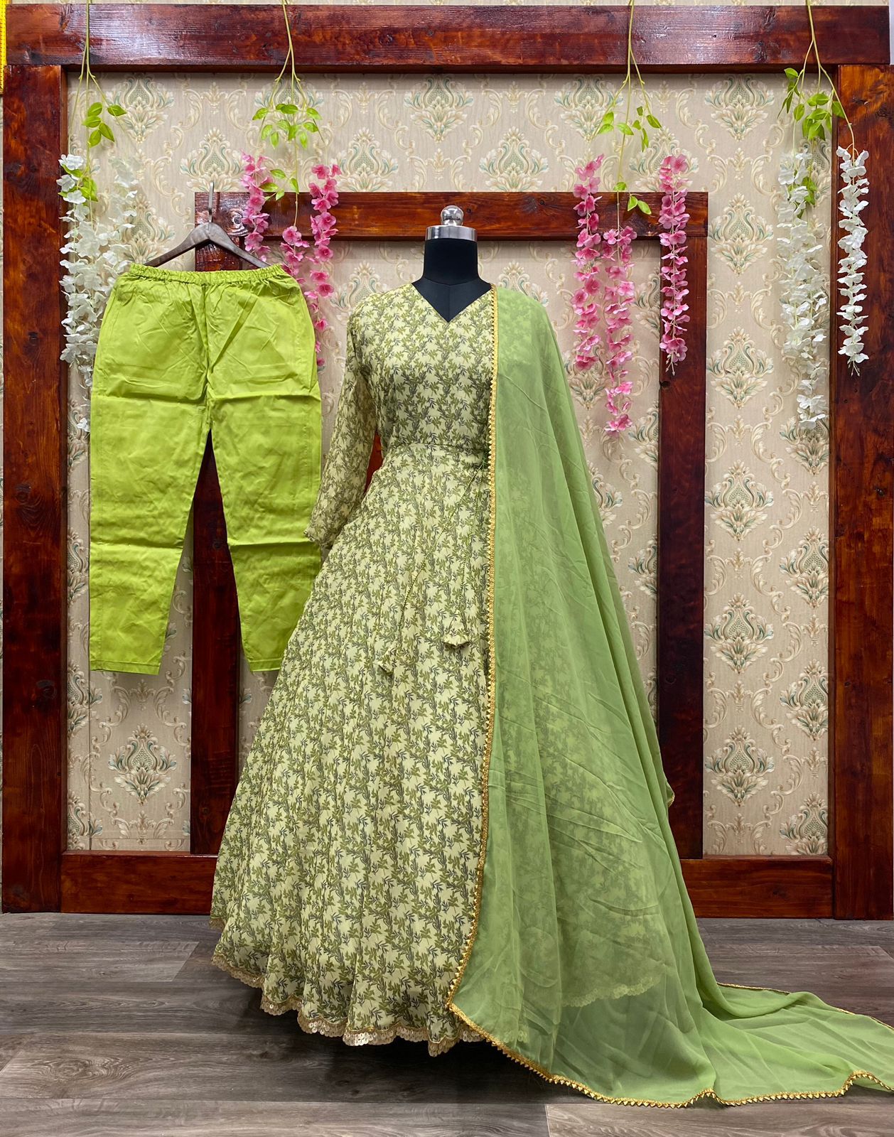 Green Net Embroidered Gown Style Suit Set with Dupatta | Suit Set online  USA – Ria Fashions