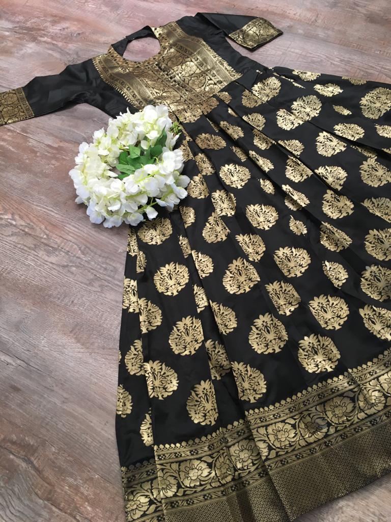 Pink Banarasi Weaving Zari Work Designer Gown with Dupatta in USA, UK,  Malaysia, South Africa, Dubai, Singapore