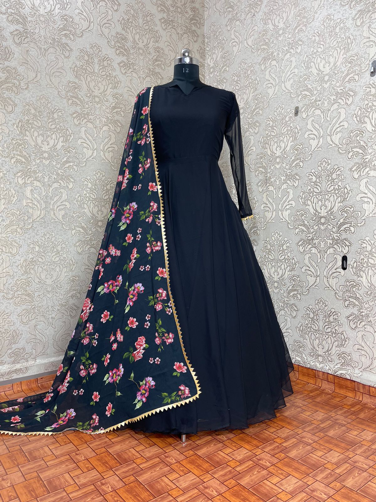 NEW PARTY WEAR SIMPLE LOOK NAVY BLUE GOWN WITH DIGITAL PRINTED DUPATTA   Khwaissh