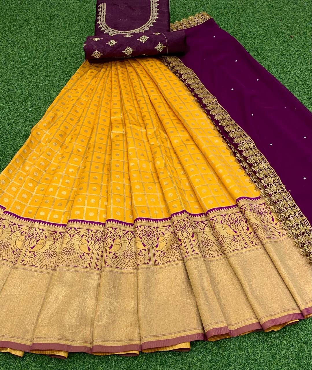 Dark Purple Banarasi Silk Flared Lehenga LLCV114716
