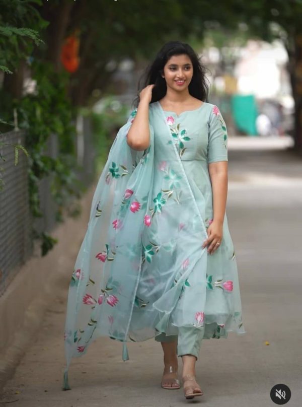 Gown : Mehndi green rangoli weaving work gown