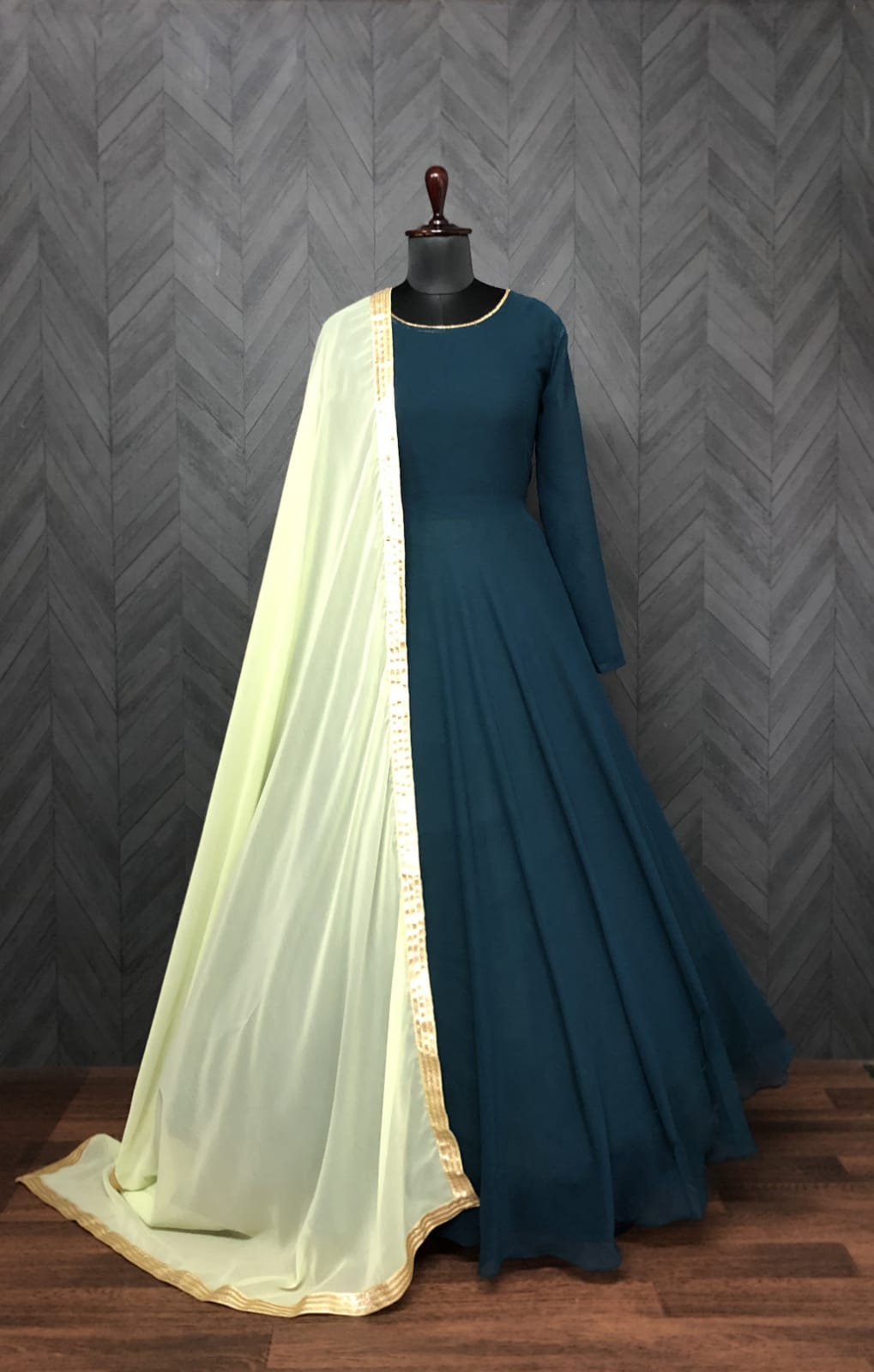 Shining Plain Sky Blue Gown With Blue Velvet Dupatta – Amrutamfab
