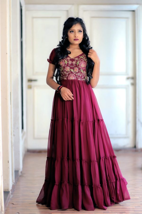 Beautiful violet and pink combination party wear gown | Coasy
