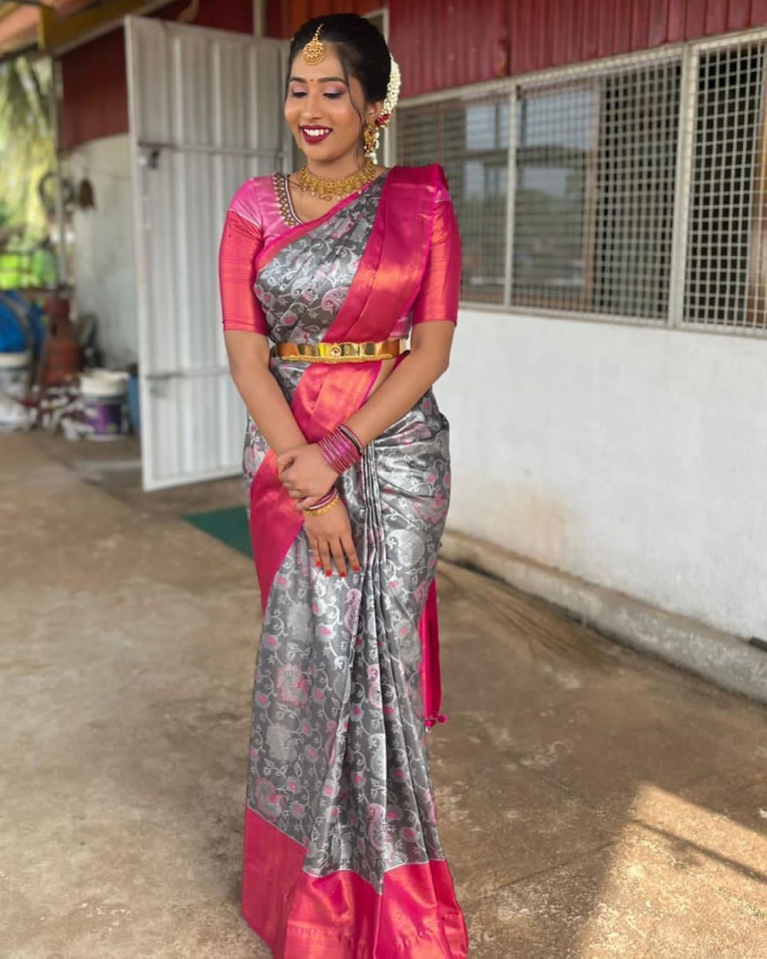 Indian Wedding Saree - Traditional Silk pink saree combination of green  blouse with Embroidered, thread work . . Price: US$ 55.55 . . Product Code:  1660245 . . #indianweddingsaree #silk #weddingdress #indiandress #