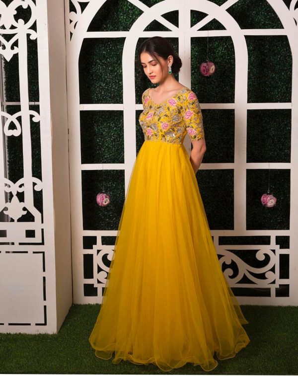 Gown : Yellow georgette and soft net embroidered gown