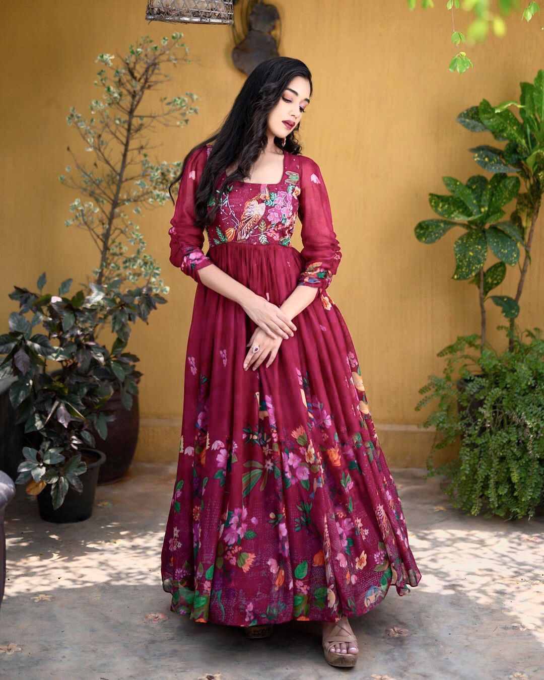 Rani Floral Printed Chanderi Beads and Rhinestone Neck Embroidered Flo –  Meena Bazaar