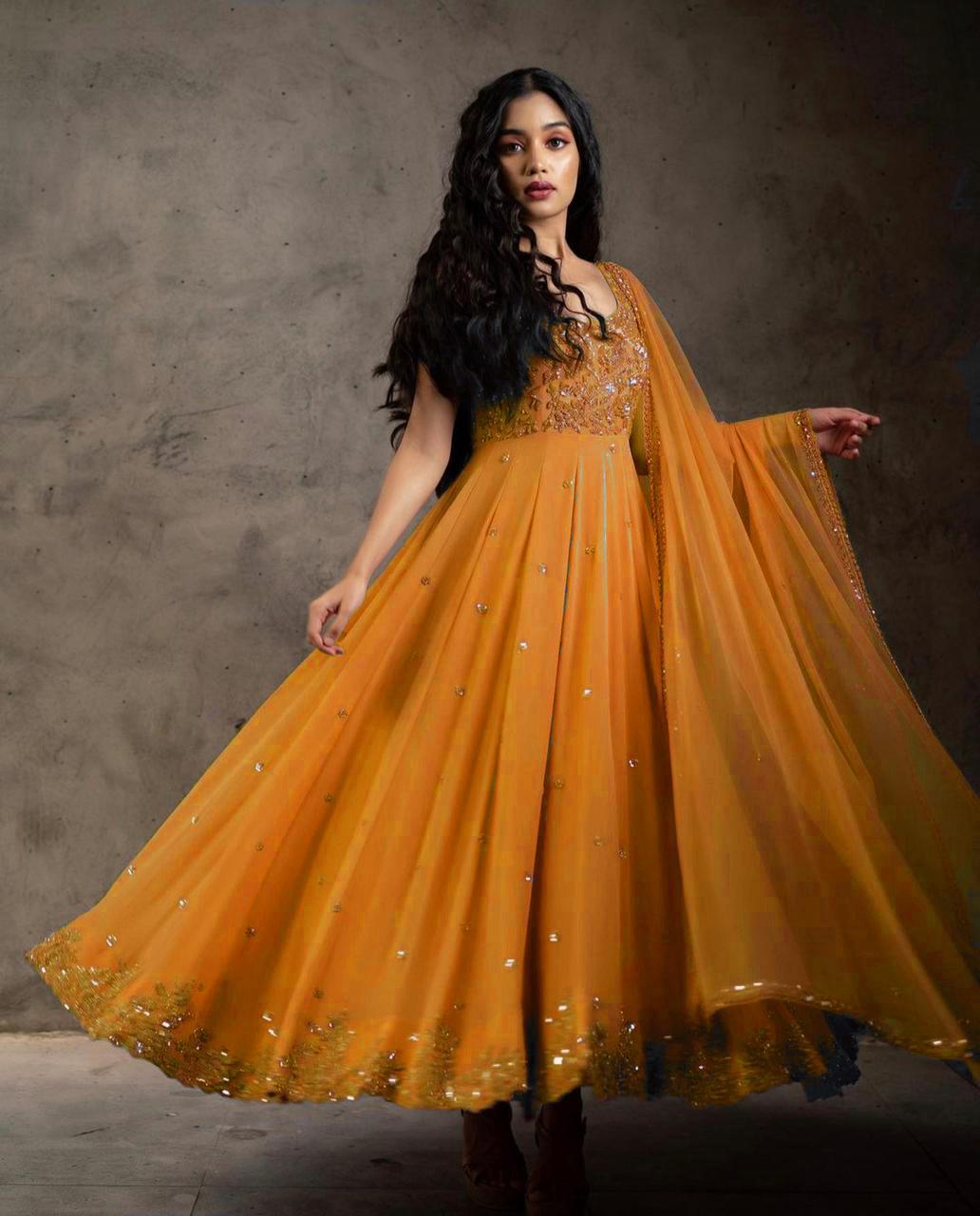 Mustard Yellow Metallic Foil Work Georgette Anarkali Gown – Maharani