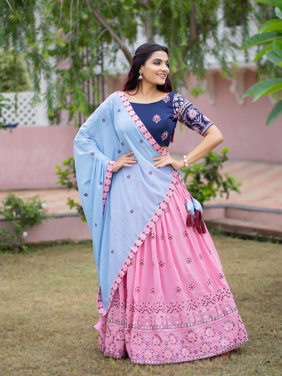 Pink Blue Embroidered Lehenga Set | Raw silk, Aza fashion, Fashion