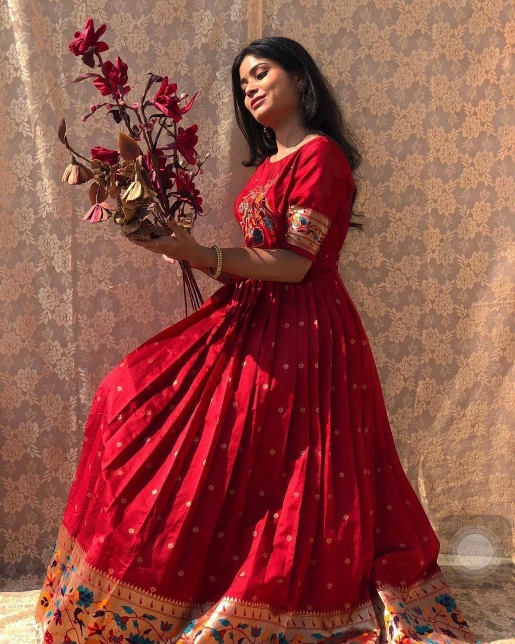 Wine Banarasi Silk Dress with Paithani Weaving – Shopzters