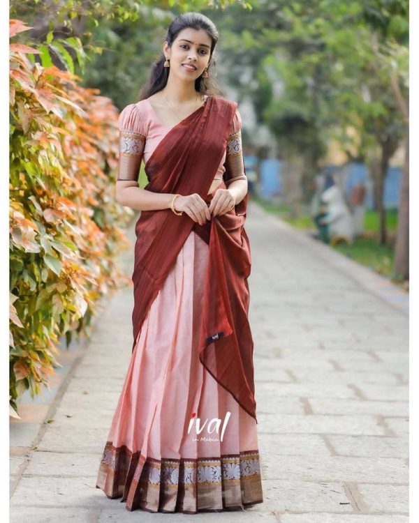 Pink Banarasi Silk Jacquard Half Saree With Contrast Violet Color Jacq