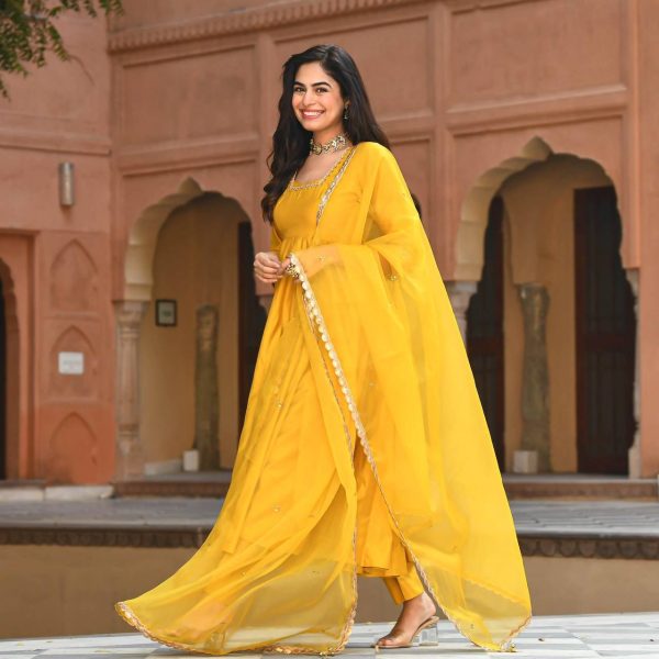 Yellow Long Anarkali: Mustard frock suit with tassels & churidar | Stylish  dresses for girls, Indian wedding gowns, Dress indian style