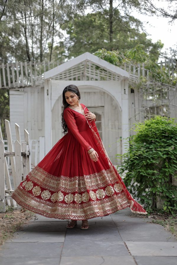 Red Georgette Full Stitched Embroidered Work Gown Dupatta For Wedding –  Urban Fashion
