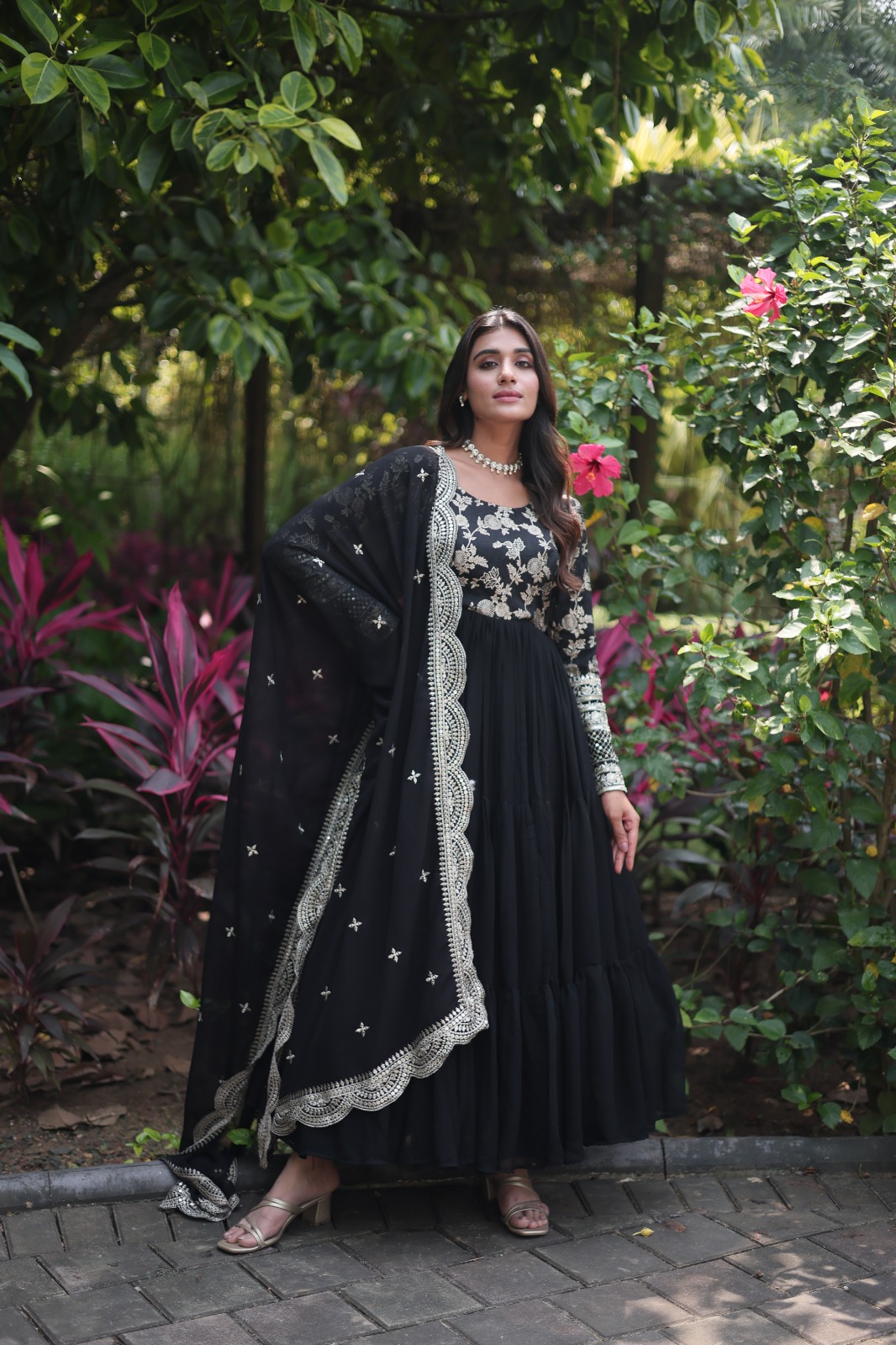 Gown : Black heavy georgette lace work gown with designer ...
